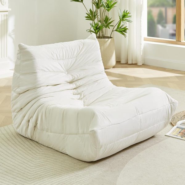 Velvet Lazy Sofa, Bean Bag Chair for Adults, Ergonomic Fireside Chair, Non-Slip Base, No Assembly Required, Single Floor Sofa for Living Room, Bedroom, Dorm, Office, Gaming, Reading, White