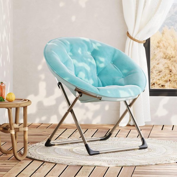Comfy Oversized Saucer Chair, Soft Furry Padded Accent Lazy Sofa Chair for Adults, X-Large Metal Frame Folding Lounger for Bedroom, Living Room, Home Office, Blue+Gold