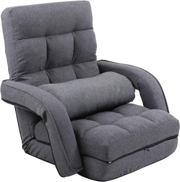 14-Position Adjustable Floor Chair, Chaise Lounge Indoor, Folding Lazy Sofa with Armrests and a Pillow Padded Adults Gaming Chairs for Living Room, Bedroom Factory Price,8803 (Grey)